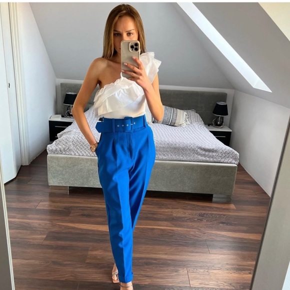 NWT Zara Blogger Fav Asymmetrical One Shoulder Poplin Ruffle Top White - Picture 3 of 16